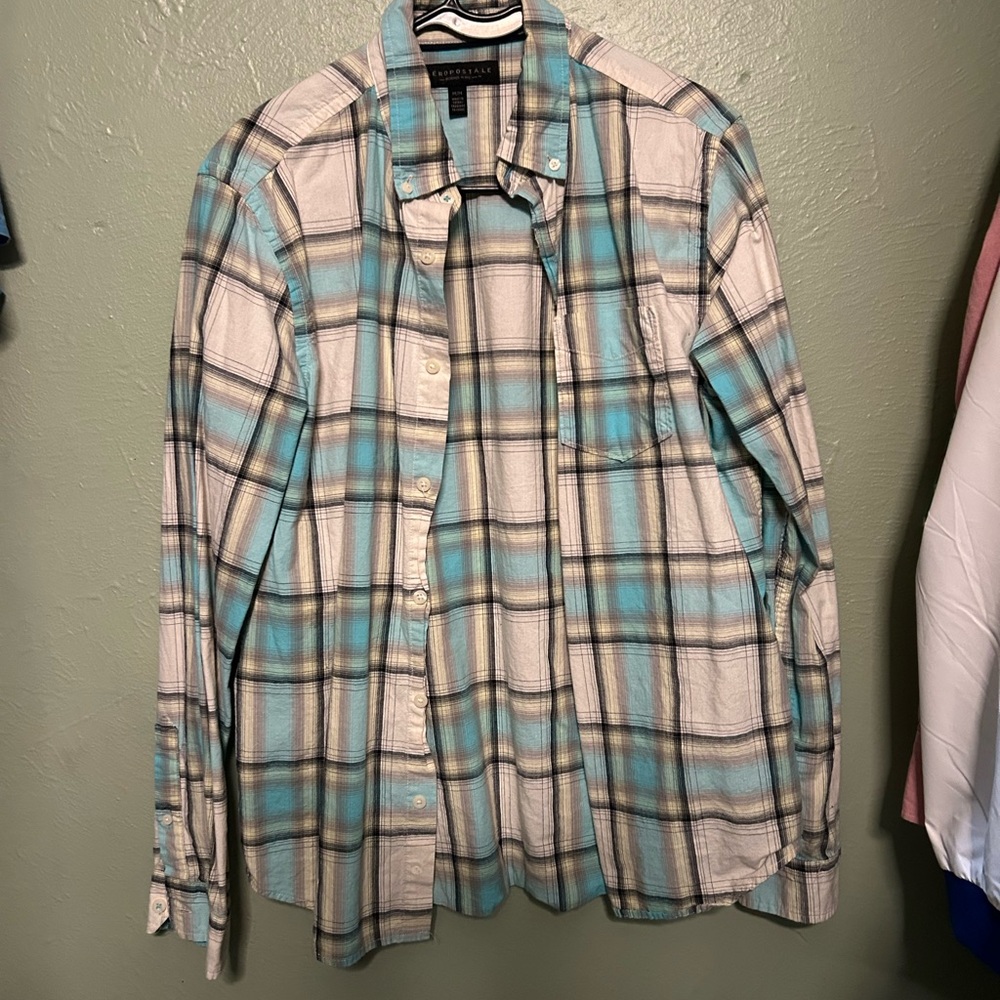Aeropostale Teal and Cream Plaid Shirt